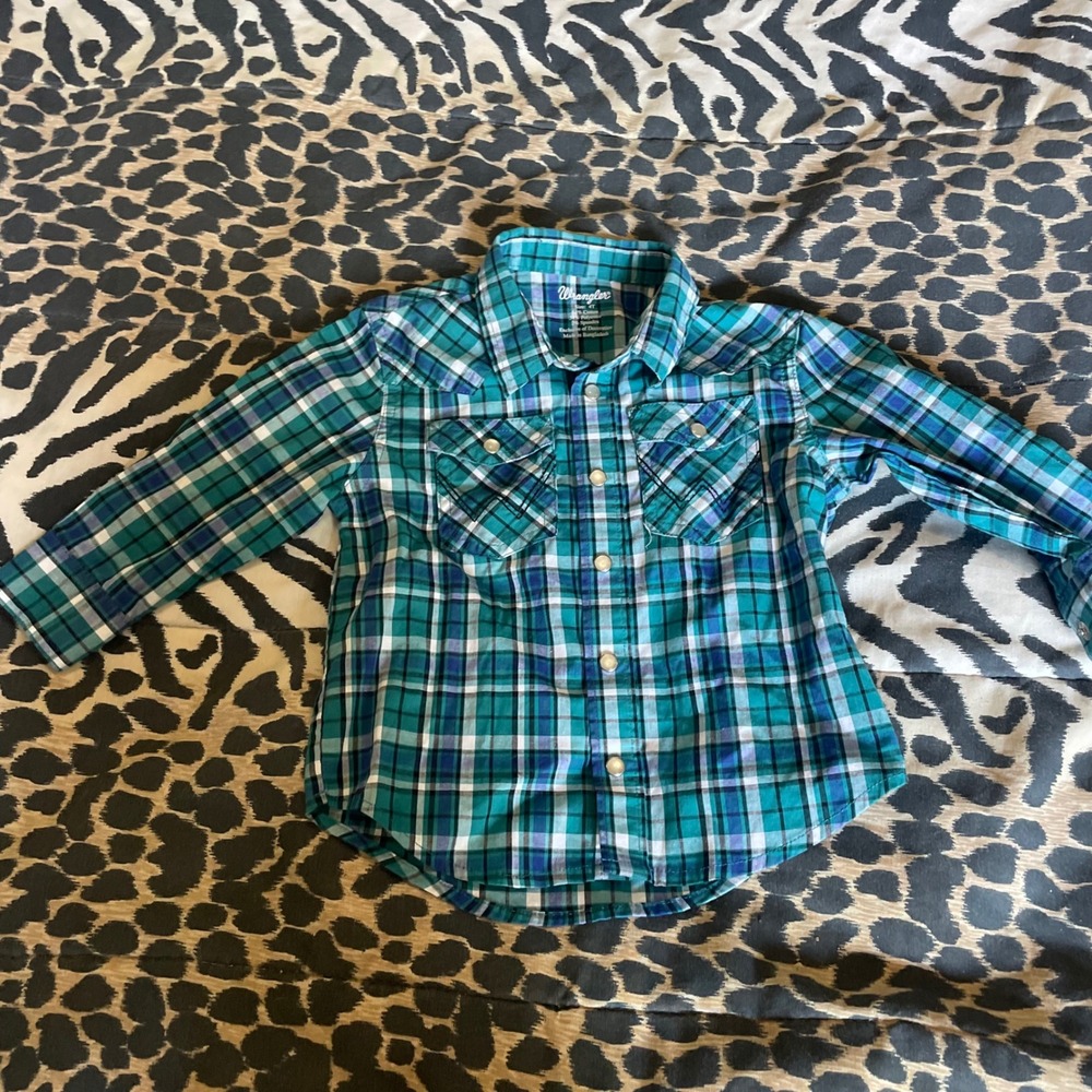 Wrangler Boys Shirt 4T Teal Blue Plaid Western‎ Long Sleeve Casual Button Down